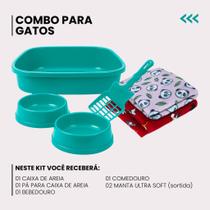 Kit Completo para Gatos com Caixa de Areia Comedouro Bebedouro Pá e 2 Mantas