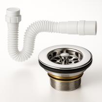 Kit Completo para Pia de Cozinha Válvula Americana em Metal ABS + Sifão Sanfonado Universal