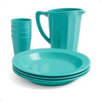 Kit Completo Para Refeição Com 1 Jarra Plástica 4 Pratos Fundos e 4 Copos 200ml Kit Completo Para Refeição Com 1 Jarra Plástica 4 Pratos Fundos e 4 Copos 200ml