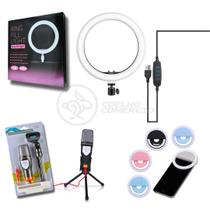 Kit Completo - Ring Light 6 Polegadas com Tripé 16cm + Microfone Condenser SF-666 + Mini Ring Light