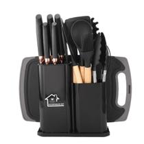Kit completo utensílios de cozinha silicone cabo madeira espátulas colher batedor de ovos tabua facas tesoura 19 peças