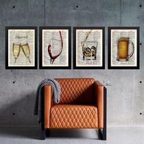 Kit Composição 4 Quadros Vintage Bar - Bebidas 24x18cm - com vidro
