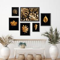 Kit Composição 6 Quadros Folhas Douradas Fundo Preto - com vidro Kit Composição 6 Quadros Folhas Douradas Fundo Preto - com vidro
