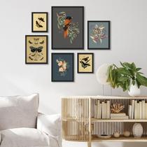 Kit Composição 6 Quadros Passarinhos E Borboletas Vintage - com vidro Kit Composição 6 Quadros Passarinhos E Borboletas Vintage - com vidro