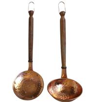Kit Concha E Escumadeira Em Cobre E Cabo De Madeira G