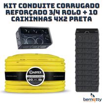 Kit Conduite Corrugado Reforçado 3/4 Rolo + 10 caixinhas 4x2 Preta - Plastilit