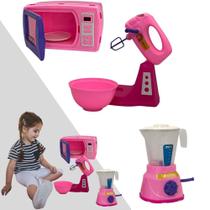 Kit Confeitaria Brinquedo 3 Itens Liquidificador, Batedeira e Micro-ondas Cozinha Completa Menina