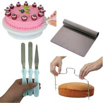Kit Confeiteiro: Bailarina Prato Giratório + Cortador Nivelador de Bolo + Raspador Inox + Espátulas Reta Angular Azul Claro