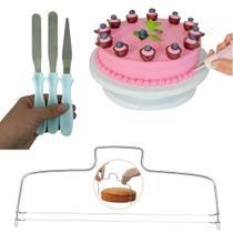 Kit Confeiteiro: Bailarina Prato Suporte Giratório + Cortador Nivelador de Bolo + Espátulas Reta Angular Azul Claro