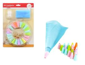 Kit Confeiteiro Decorador de Bolo 1 Saco para Confeitar + 1 Suporte + 22 Bicos Plásticos Colorido Kit Confeiteiro Decorador de Bolo 1 Saco para Confeitar + 1 Suporte + 22 Bicos Plásticos Colorido