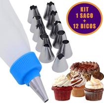 Kit Confeiteiro Decorar Bolos Doces - Saco + 12 Bicos Inox