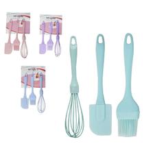 Kit confeiteiro espatula de pao duro / pincel culinario batedor de claras fouet cabo plastico colors