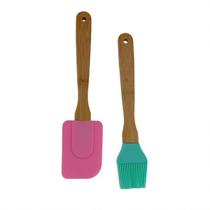 Kit Confeiteiro: Espátula Rosa + Pincel Verde Silicone Utensílios Para Cozinha Confeitar