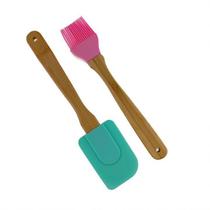 Kit Confeiteiro : Espátula Verde + Pincel Rosa Silicone Utensílios Para Cozinha Confeitar