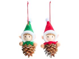 Kit Conj 2 Enfeites Pendentes Pendurar Árvore Natal Pinha Dois Elfos Decorativos