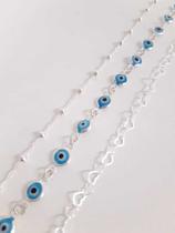 Kit Conj. 3 Pulseira Bolinha Coração Olho Grego Prata 925