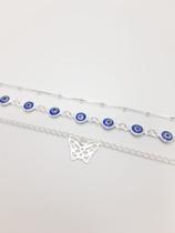 Kit Conj. 3 Pulseira Bolinha Olho Grego Borboleta Prata 925