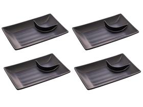Kit Conj 4 Pratos Travessa Com Molheira Sushi Comida Japonesa Em Melamina Retangular Multiuso Shoyu