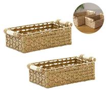 Kit Conj Cestos Decorativos Retangular Fibra Natural Alça Em Madeira Multiuso Tramas Mesa Posta Boho