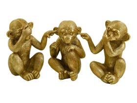 Kit Conj Escultura Estatua Macacos Cego Surdo Mudo Em Poliresina Dourado Brilhante Rico Em Detalhes