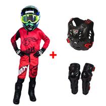 Kit Conj. Infantil Motocross Vermelho + Colete + Joelheira