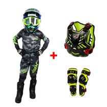 Kit Conj. Motocross Infantil Camuflado + Colete + Joelheira