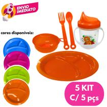 Kit Conj. Papinha Refeição Infantil Plástico Com 05 pçs Prato Divisórias/ Talheres/ Copo/ Tigela