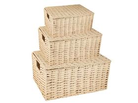 Kit Conj Trio Cestos Decorativos Organizadores Em Fibra Natural Caixas Com Alça E Tampa Retangular