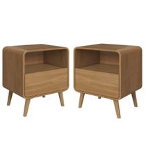 Kit Conjunto 02 Mesas de Cabeceira Canto Curvo com Nicho 01 Gaveta e Pés Palito Retrô