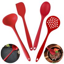 Kit Conjunto 04 Peças de Talheres Silicone Vermelho Utensilio Para Cozinha