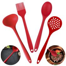 Kit Conjunto 04 Peças de Talheres Silicone Vermelho Utensilio Para Cozinha