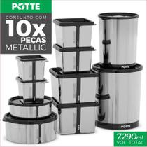Kit Conjunto 10 Potes Metálico Plástico Multiuso Mantimentos Com Tampa Resistente Fechamento Cozinha Freezer Alimentos