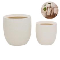 Kit Conjunto 2 Cachepots Decorativos De Cerâmica Off White Design Rústico Em Alto Relevo