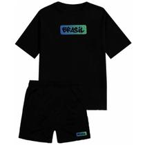 Kit Conjunto 2 pçs Short Tactel Brasil Masculino + Camiseta Algodão Estampada