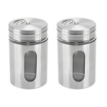 Kit Conjunto 2 Saleiro Pimenteiro Inox Vidro Moderno Gourmet Cozinha Mesa Posta Sal Pimenta Tempero Almoço Restaurante Decoração