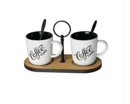 Kit Conjunto 2 Xícaras Café Caneca Coffee Time Com Suporte De Bambu e 2 Colheres em Metal