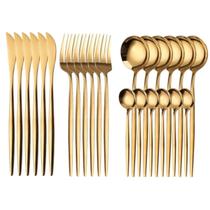 Kit Conjunto 24 Talheres Dourados Facas Garfos Colheres Sobremesa Dia das Mães Aniversário Festa Evento Natal Fim de Ano Kit Conjunto 24 Talheres Dourados Facas Garfos Colheres Sobremesa Dia das Mães Aniversário Festa Evento Natal Fim de Ano