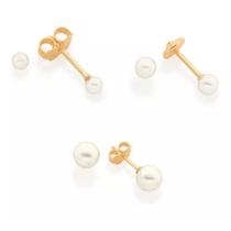 Kit conjunto 3 brincos banhado ouro 3x 24k 18k e 22k femininos solitário pérolas primeiro segundo e terceiro furo rommanel 525027 520190 520187