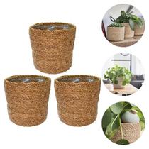 Kit Conjunto 3 Cachepots Decorativos Multiuso Em Fibra Natural Seagrass Com Forro De Plástico