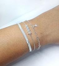 Kit Conjunto 3 Pulseiras Femininas Prata 925 Lacraia Estrelas e Corações com Pingente