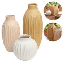 Kit Conjunto 3 Vasos Decorativos Em Cerâmica Canelada Rústica