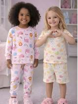 Kit Conjunto 4 peças Pijama Infantil Menina Manino 1 Blusa Manga Curta 1 Longa 1 Short 1 Calça Longa