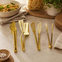 Kit Conjunto 4 Pegadores Utensílios Dourados Para Macarrão Hambúrguer Gelo E Multiuso Em Aço Inox
