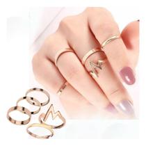 Kit Conjunto 5 Anéis Femininos Batimento Delicado Banhado Ouro Moda