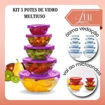 Kit Conjunto 5 Potes de Vidro Herméticos Armazenamento De Alimentos Com Tampa Colorida