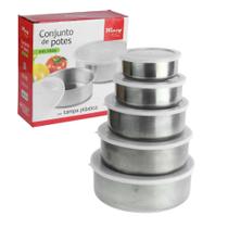 Kit Conjunto 5 Potes Vasilhas Tigelas Aço Inox Tampa Silicone Hermético Redondo Durável Para Armazenar Alimentos Cozinha