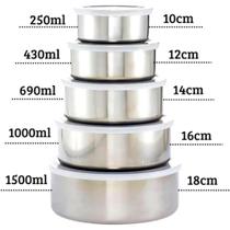 Kit Conjunto 5 Potes Vasilhas Tigelas Inox Com Tampas Para Armazenar Alimentos