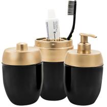 Kit Conjunto Acessórios De Pia Banheiro Lavabo Preto Tampa Dourado 3 Peças Forma Dispenser Sabonete Líquido Porta Escova Algodão Hastes