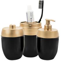 Kit Conjunto Acessórios De Pia Banheiro Lavabo Preto Tampa Dourado 3 Peças Forma Dispenser Sabonete Líquido Porta Escova Algodão Hastes Kit Conjunto Acessórios De Pia Banheiro Lavabo Preto Tampa Dourado 3 Peças Forma Dispenser Sabonete Líquido Porta Escova Algodão Hastes