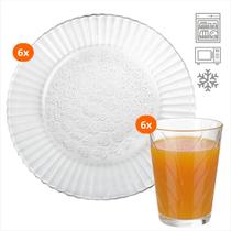 Kit Conjunto Aparelho Jantar 12 Peças Pratos Copos Vidro Texturizado Clássico Elegante Resistente Para Buffet Restaurante Jogo